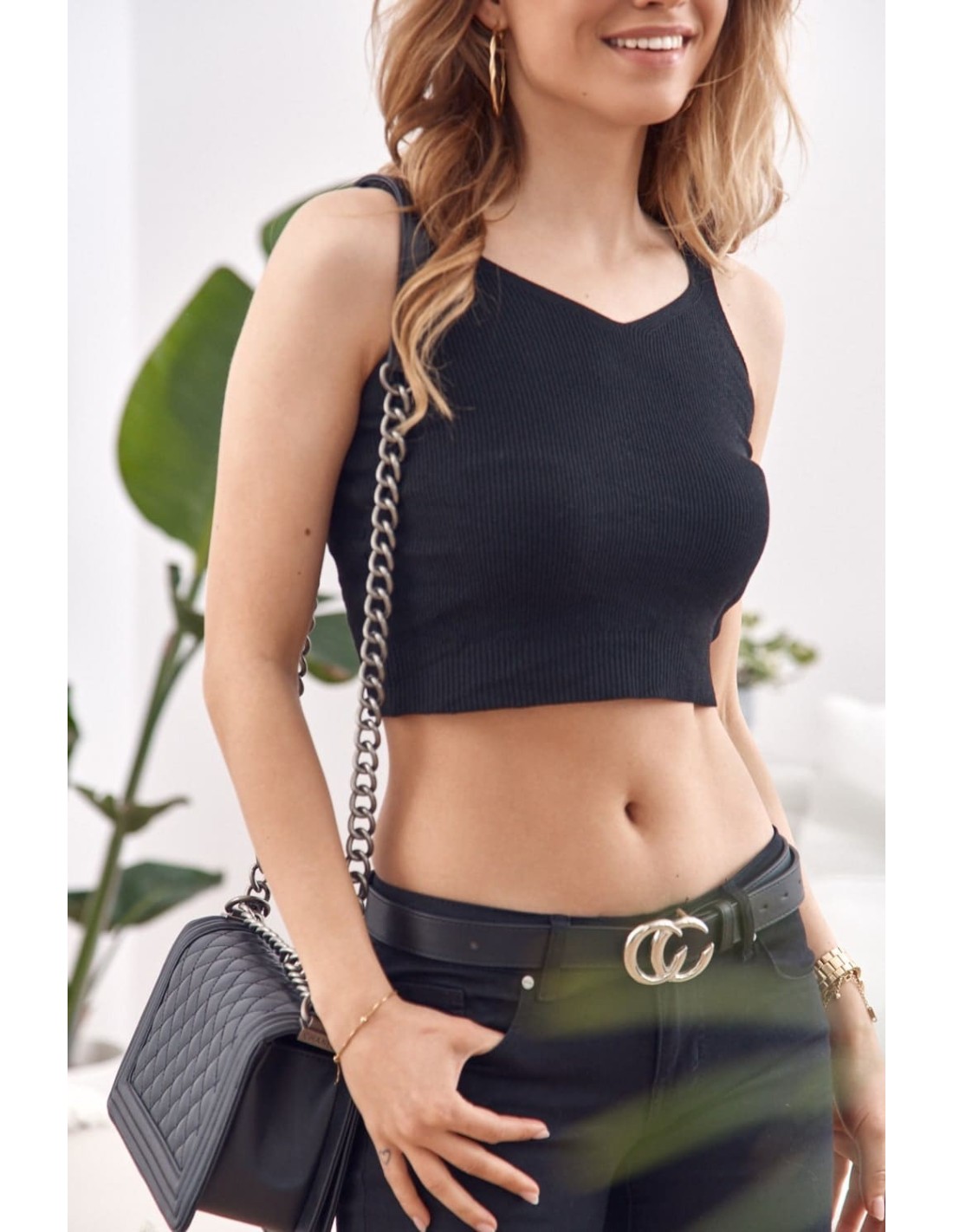 Short knitted blouse with straps, black MP32858 - Online store - Boutique